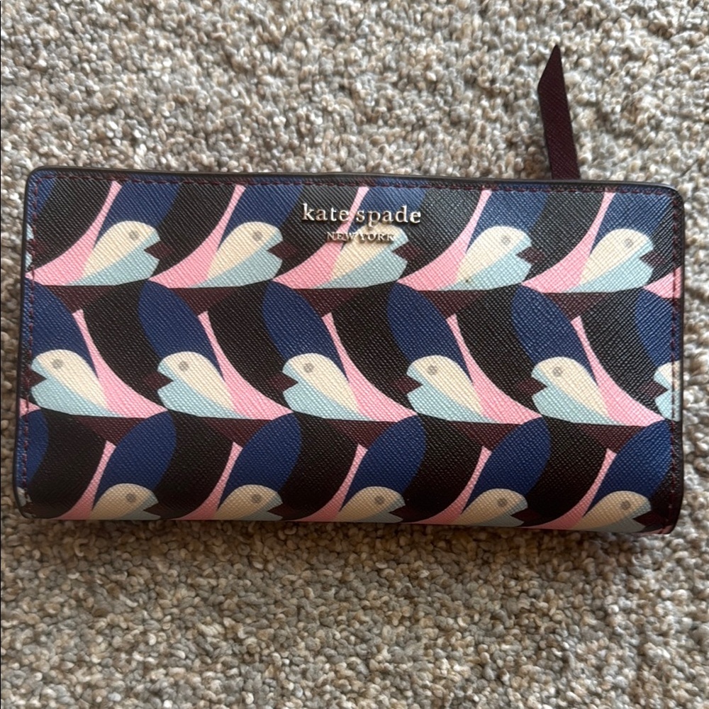 kate spade Bird-Print Zip Wallet in Navy, Pink, Cream